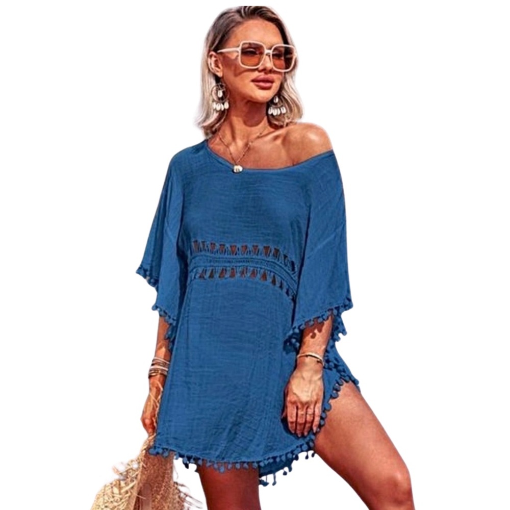 NWOT Blue Chiffon Pom‎ Pom Swim Coverup